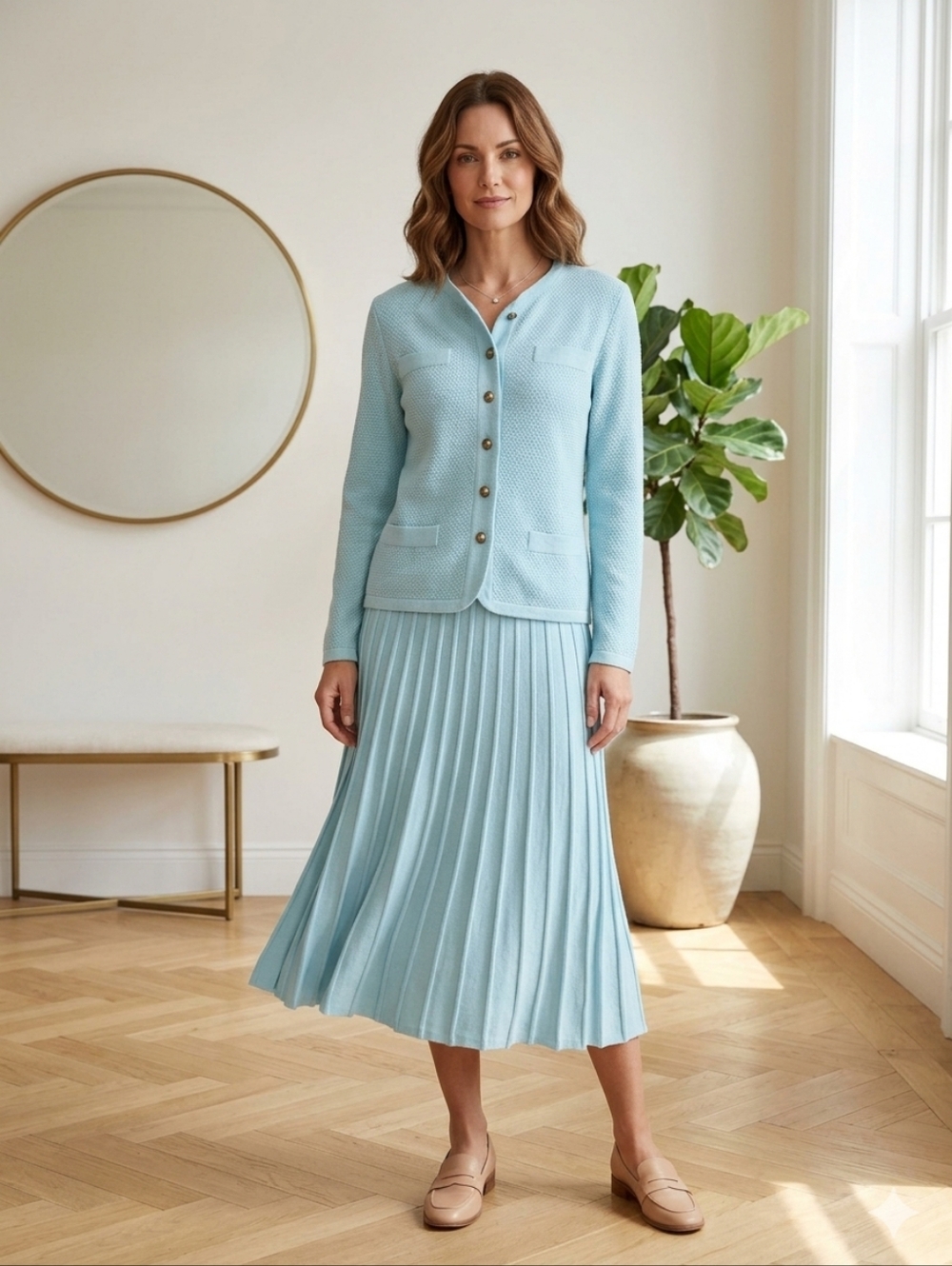 Vintage Castelberry Light Blue Pleated Knit Skirt Set